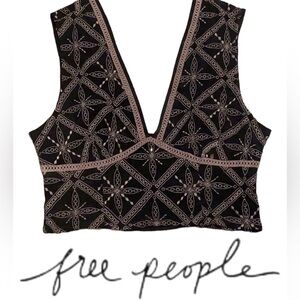 Free People Black Embroidered V-Neck Crop Top